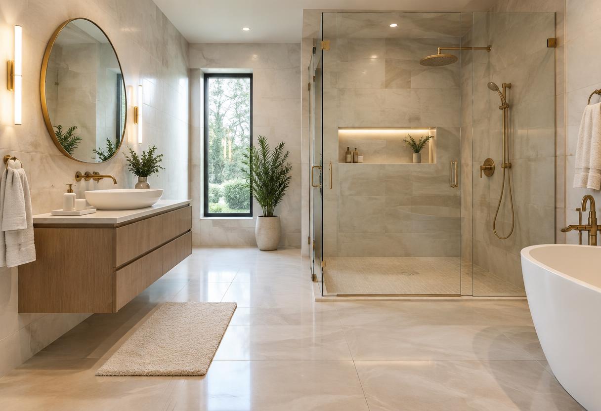 Remodeled bathroom with large-format tile, glass walk-in shower, floating vanity and brushed gold fixtures