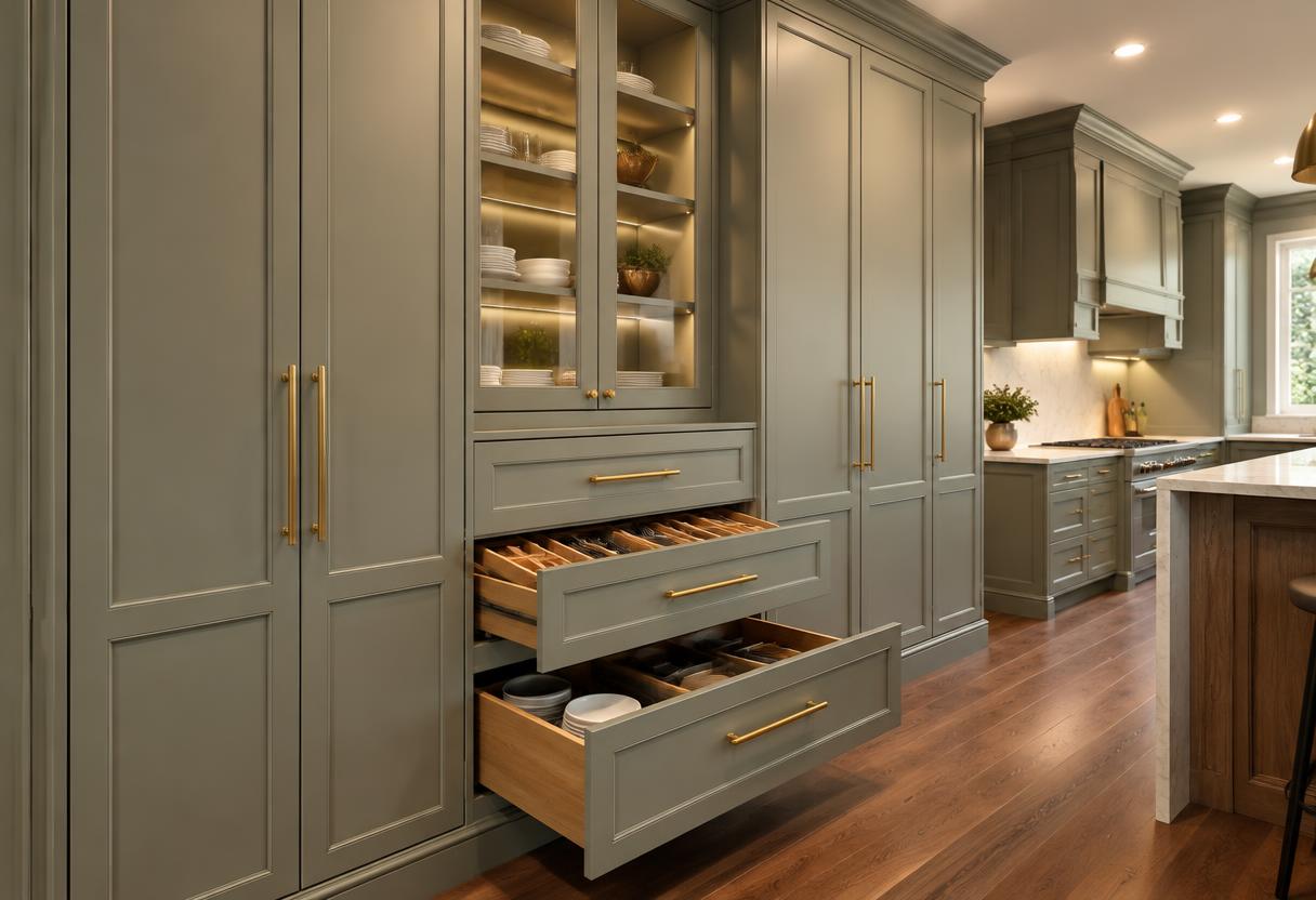 Custom kitchen cabinetry with crown molding, glass-front uppers and organized pull-out drawers open
