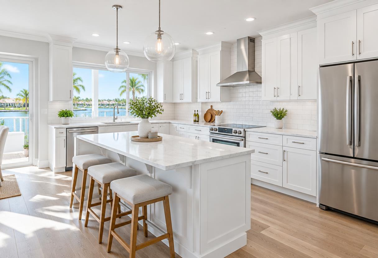 Newly remodeled kitchen with white shaker cabinets, quartz island and stainless appliances in a Boca Raton home