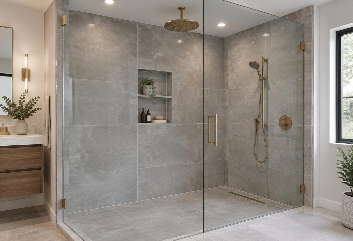 Remodeled walk-in shower with frameless glass, large-format gray tile, niche shelving and gold fixtures